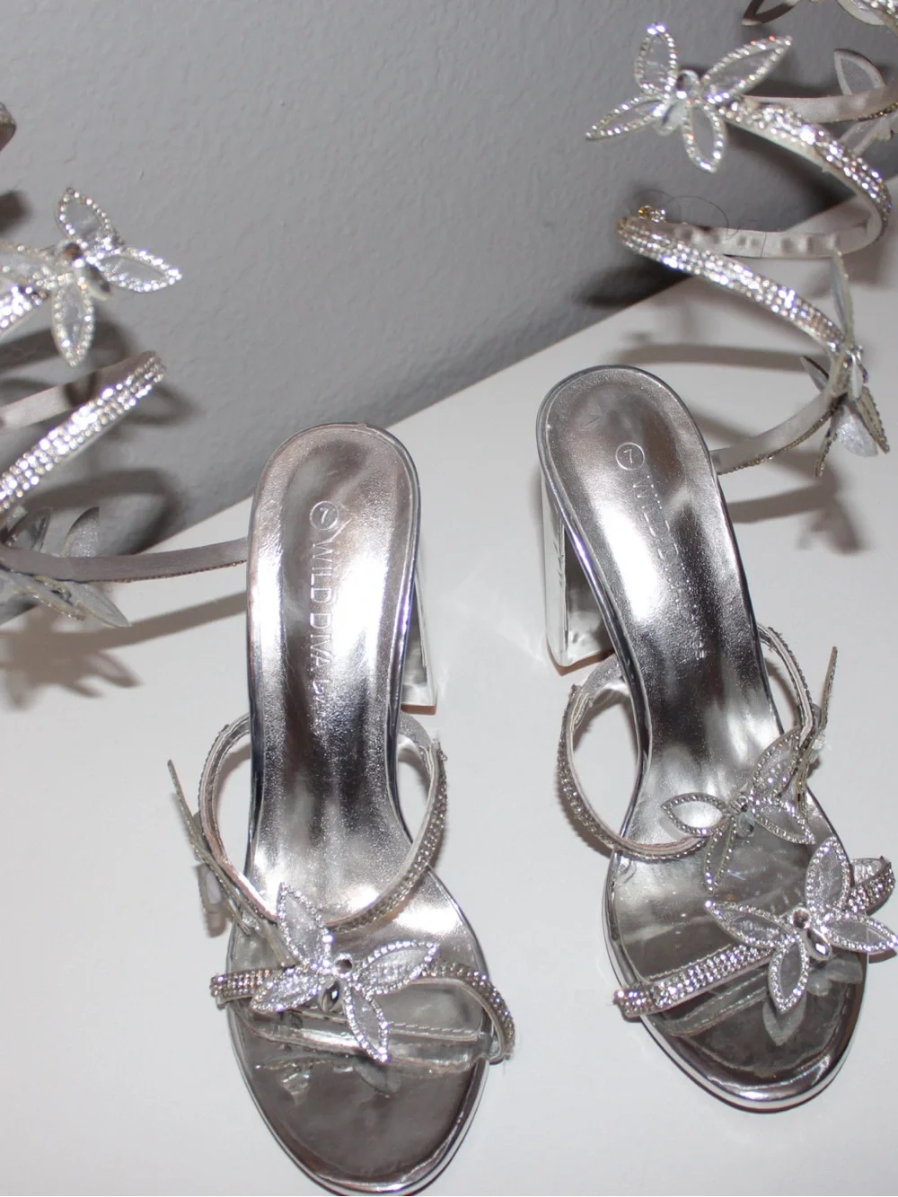 Women's Silver Crystal Floral Strappy High Heel Sandals